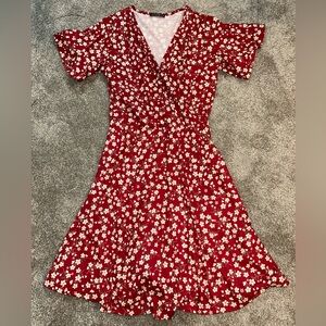 Fensace Womens Short Sleeve V Neck Line Midi Dress Burgundy Red Medium